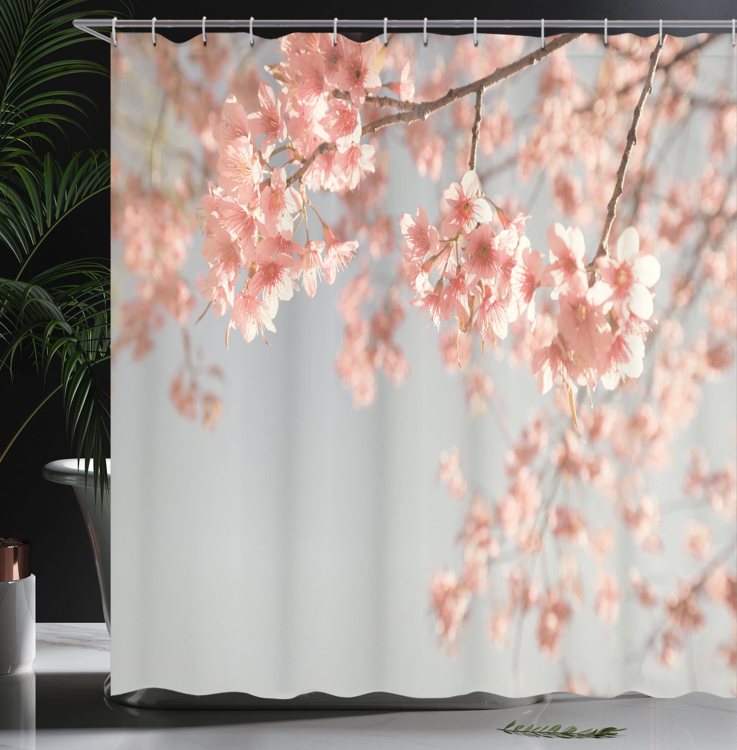 Ambesonne Peach Shower Curtain, Japanese Scenery Sakura Tree Cherry Blossom Nature Photography Coming Of Spring, Cloth Fabric Ba